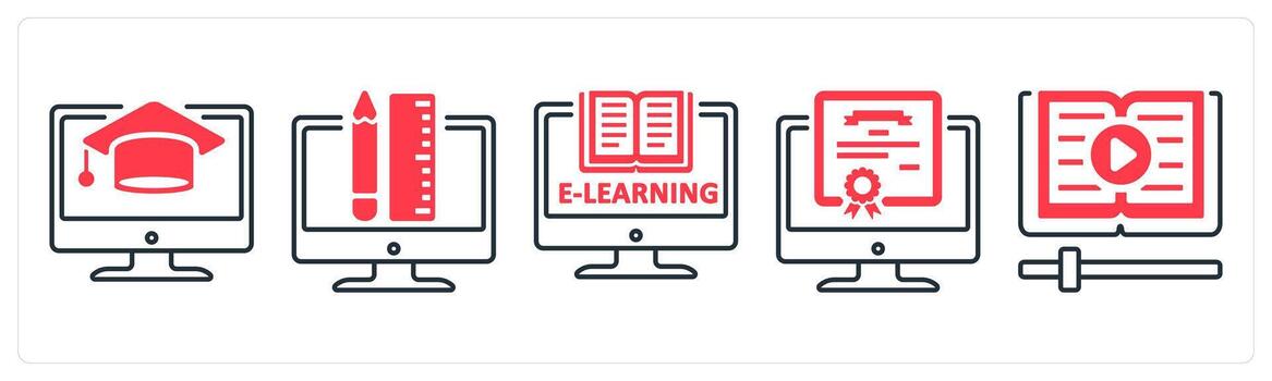 A set of 5 mix icons as e learning, graphic design, online diploma in red color vector