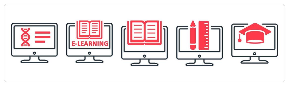 A set of 5 mix icons as online courses, elearning, graphic design in red color vector