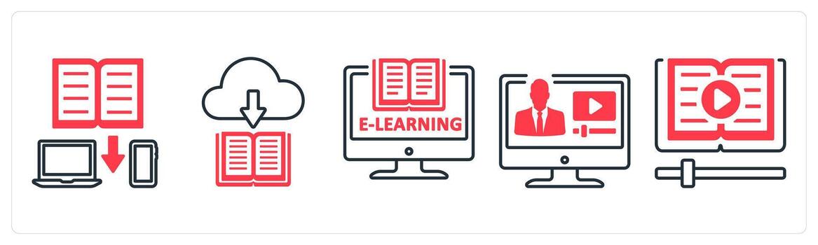 A set of 5 mix icons as data share, download book, elearning in red color vector