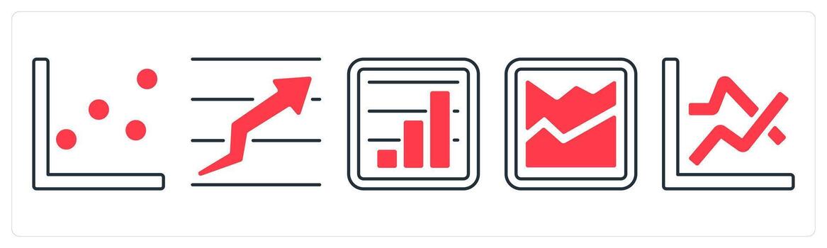 A set of 5 mix icons as dots chart, finance report, growth bar in red color vector