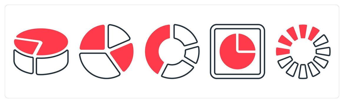 A set of 5 mix icons as pie chart, chart in red color vector