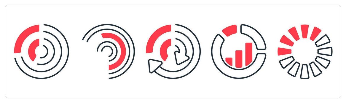 A set of 5 mix icons as pie chart, analysis, comparison in red color vector