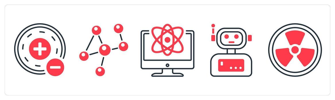 A set of 5 mix icons as atom, physics, robot in red color vector