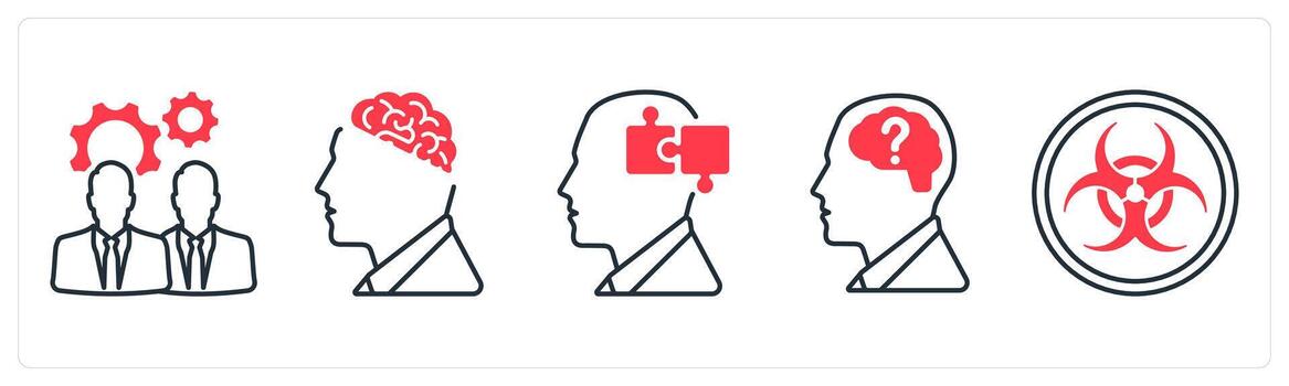 A set of 5 mix icons as management, brain, strategy management in red color vector