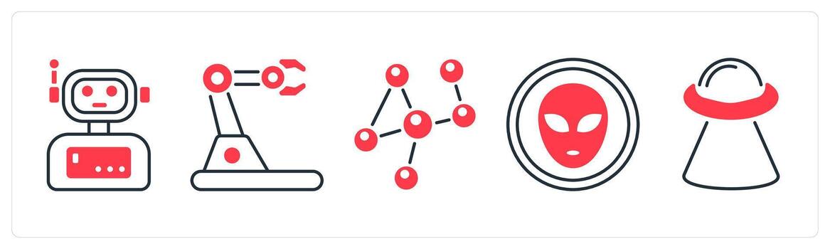 A set of 5 mix icons as robot, robotics, atom in red color vector