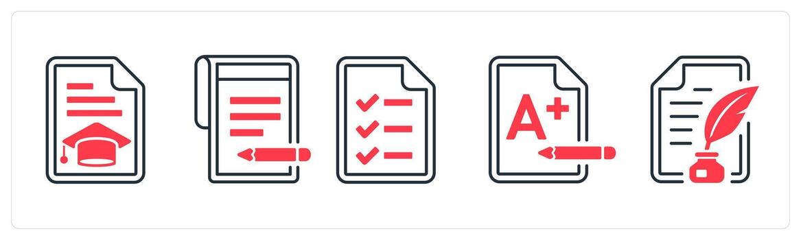 A set of 5 mix icons as certificate, write, examination in red color vector