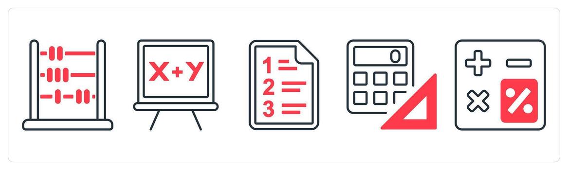 A set of 5 mix icons as abacus, mathematics, examination sheet in red color vector