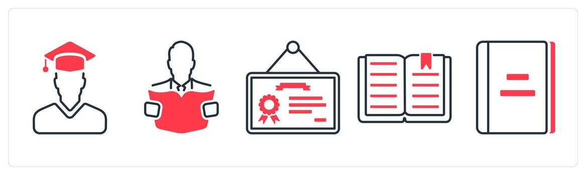 A set of 5 mix icons as graduate, reading, certificate in red color vector