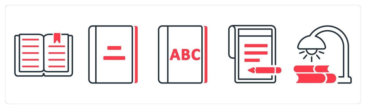 A set of 5 mix icons as book, alphabet, write in red color vector