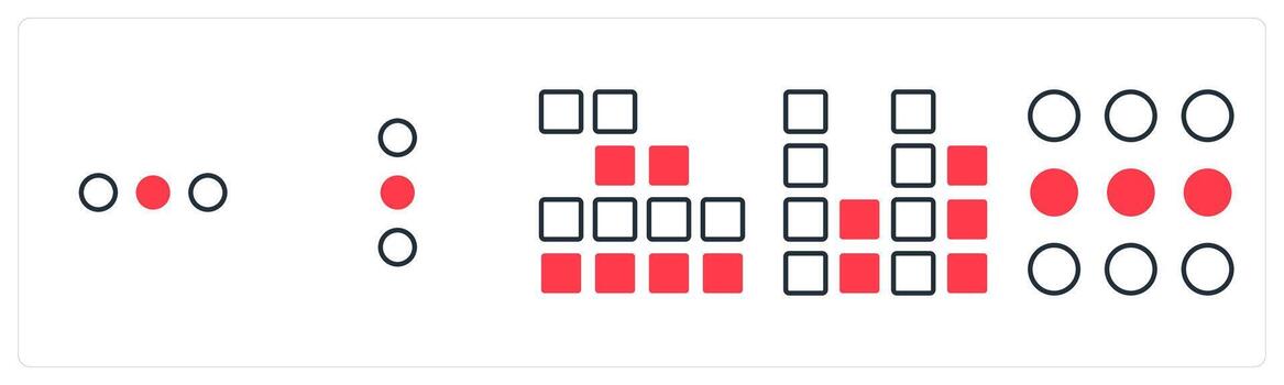 A set of 5 mix icons as dots, vertical dots, applications in red color vector