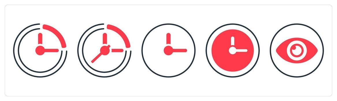 A set of 5 mix icons as time, clock, watch in red color vector