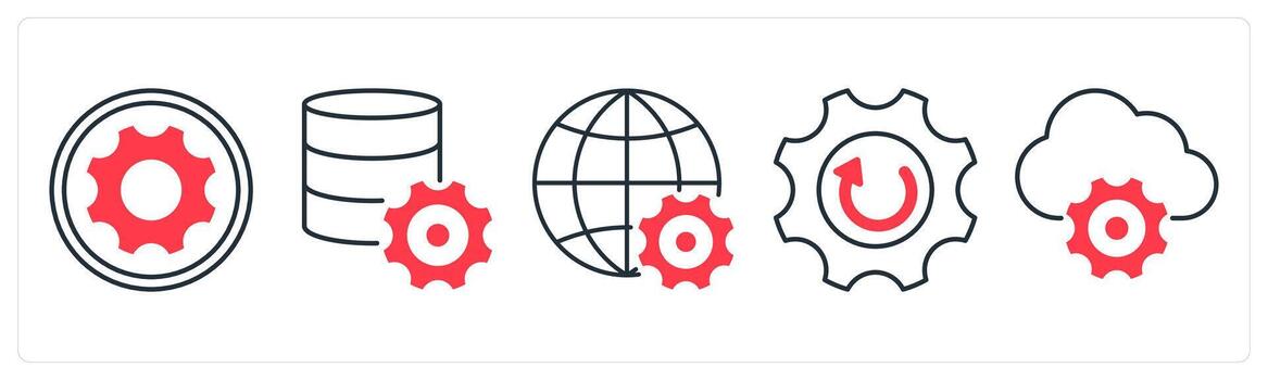 A set of 5 mix icons as settings, server settings, global setting in red color vector