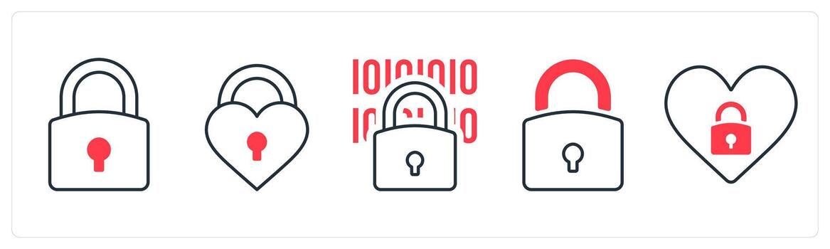 A set of 5 mix icons as protection, heart locked, programming in red color vector