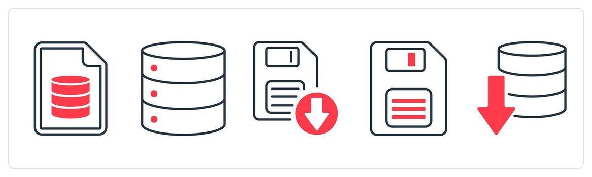 A set of 5 mix icons as server document, database server, download floppy in red color vector