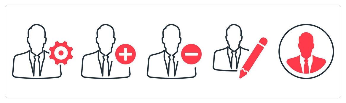 A set of 5 mix icons as management settings, add account, remove account in red color vector