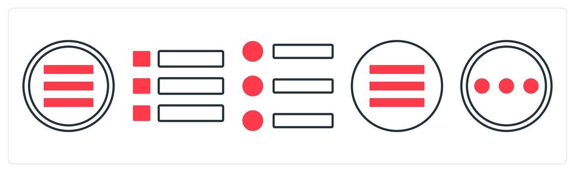 A set of 5 mix icons as menu bar, list, list bullet in red color vector