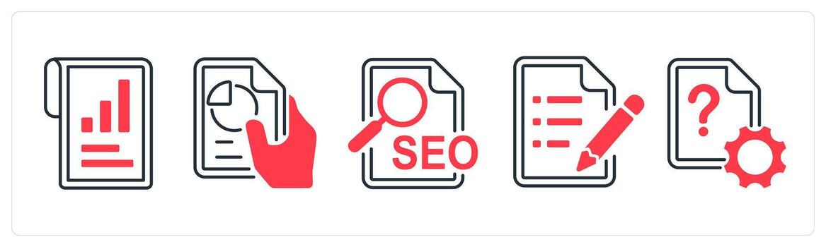 A set of 5 mix icons as performance, pie chart, seo in red color vector