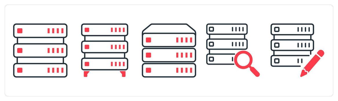 A set of 5 mix icons as server, edit server in red color vector