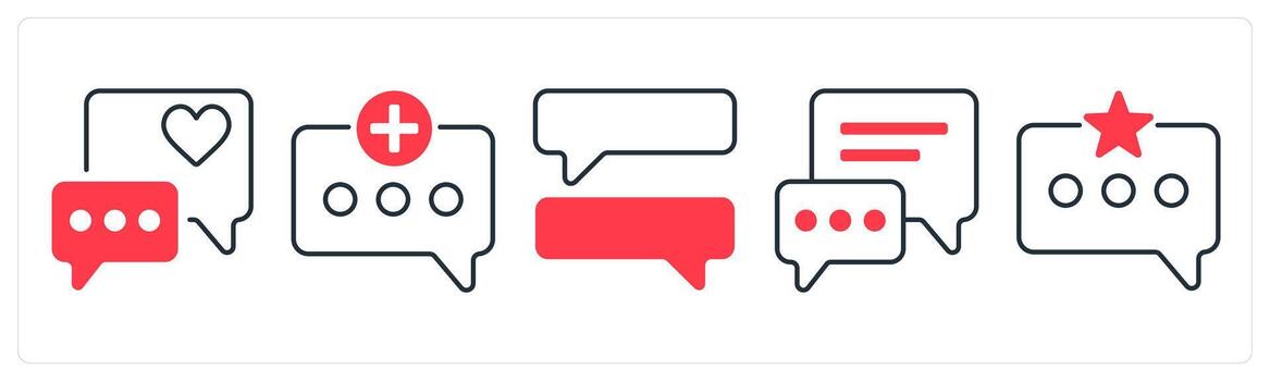A set of 5 mix icons as positive comment, add message, chat in red color vector