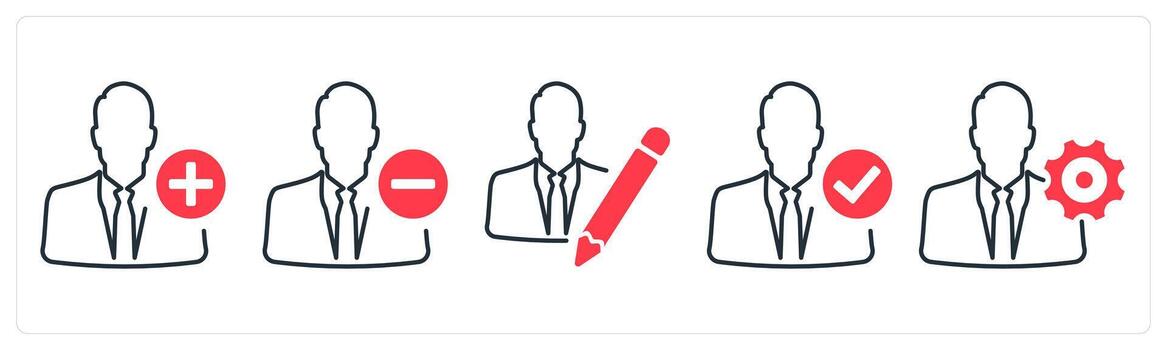 A set of 5 mix icons as add account, remove account, writer in red color vector