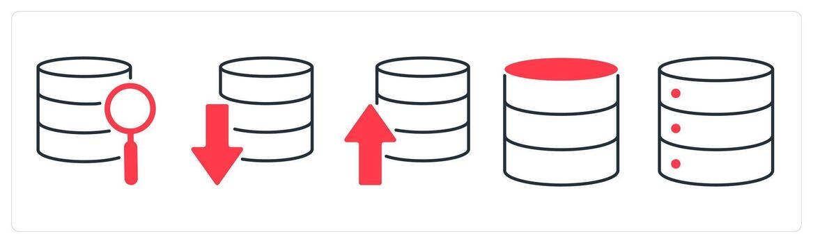 A set of 5 mix icons as search database, download server, upload server in red color vector
