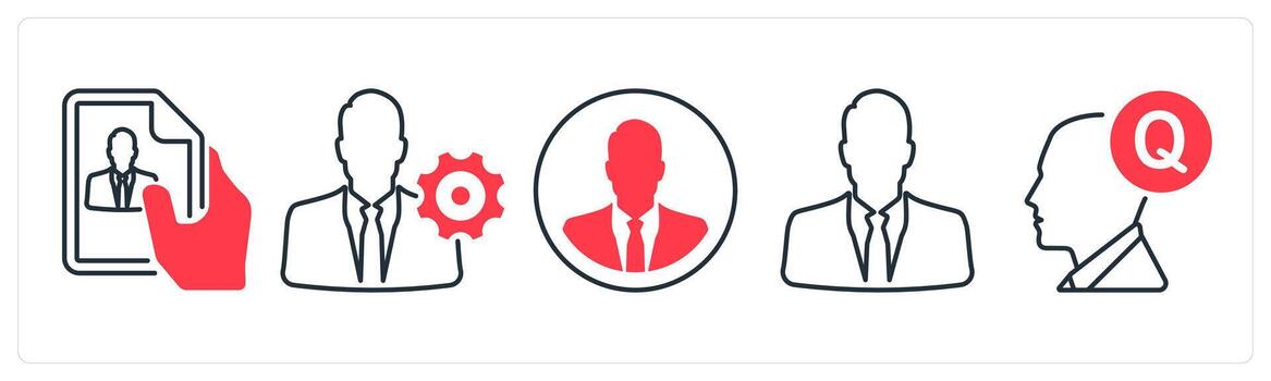 A set of 5 mix icons as profile document, management settings, businessman in red color vector