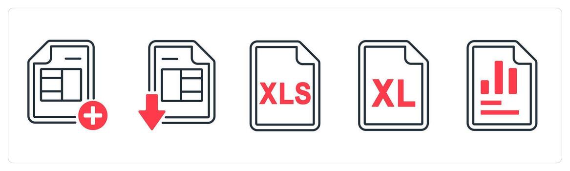 un conjunto de 5 5 mezcla íconos como añadir hoja, descargar sobresalir hoja, sobresalir sábana en rojo color vector