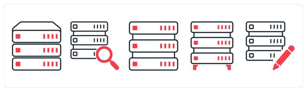 A set of 5 mix icons as search data, edit server in red color vector