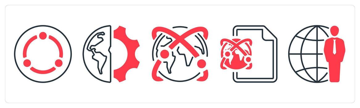 A set of 5 mix icons as network, global setting, global network in red color vector