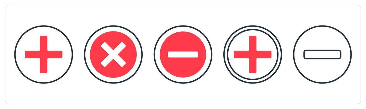 A set of 5 mix icons as add, delete, subtract in red color vector