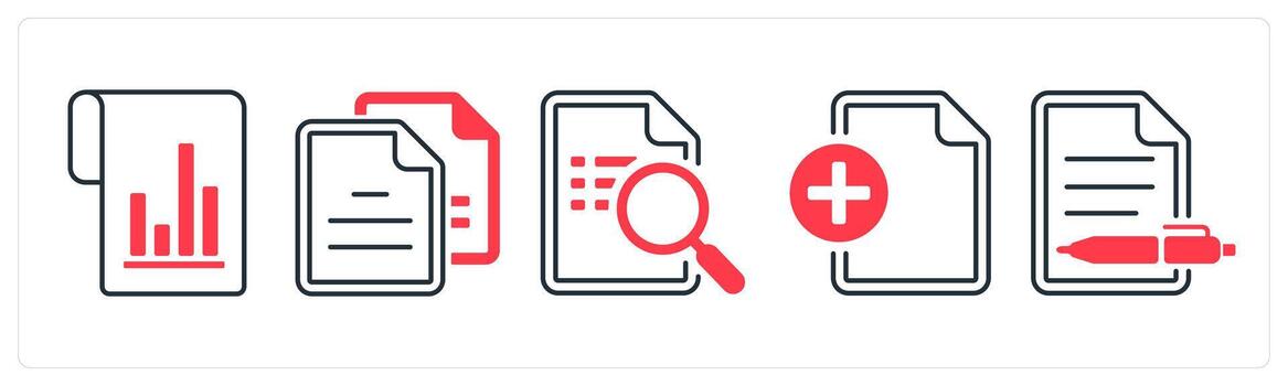 A set of 5 mix icons as flow chart, duplicate copy, search document in red color vector