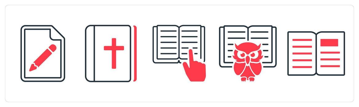 A set of 5 mix icons as edit page, holybook, write in red color vector