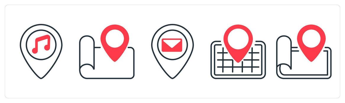 A set of 5 mix icons as music location, location, message location in red color vector