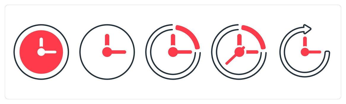 A set of 5 mix icons as clock, watch, time in red color vector