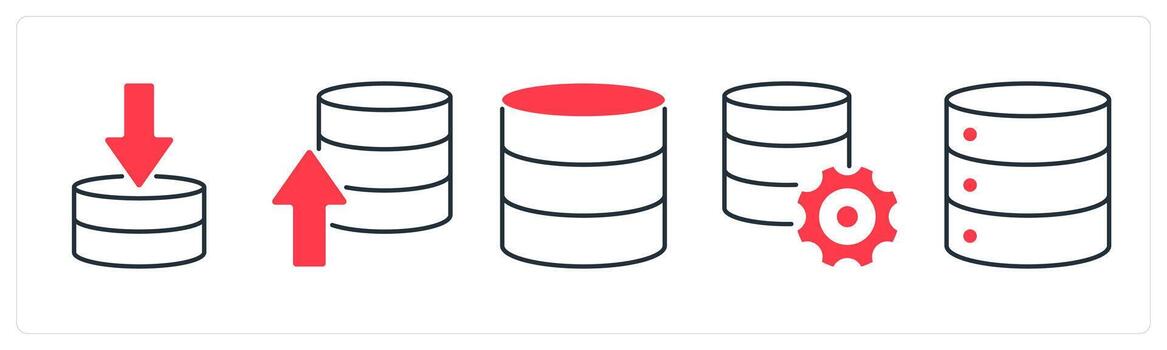 A set of 5 mix icons as server download, upload server, database server in red color vector