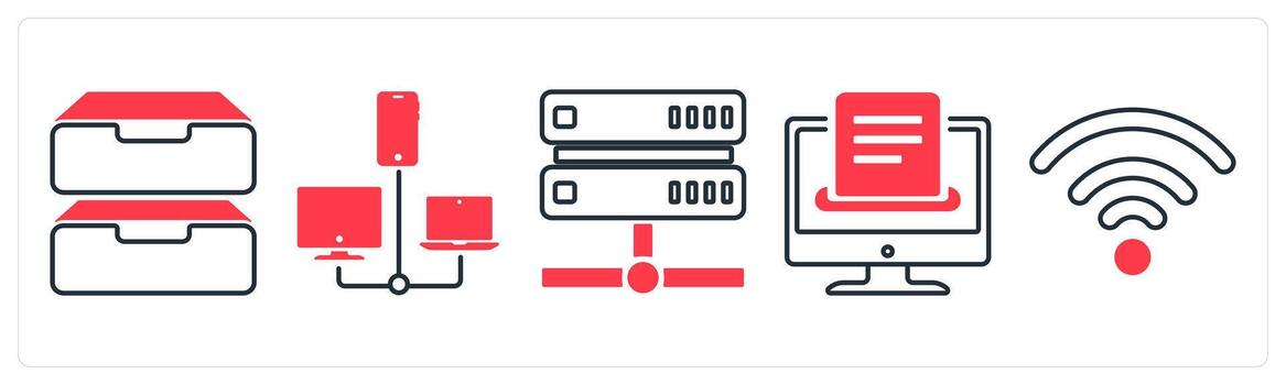 A set of 5 mix icons as drives, connection, drive in red color vector