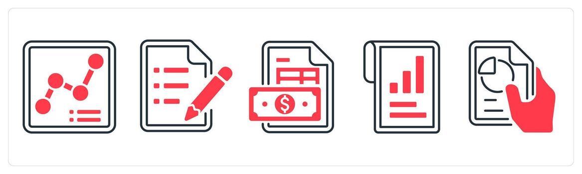 A set of 5 mix icons as growth chart, text document, invoice in red color vector