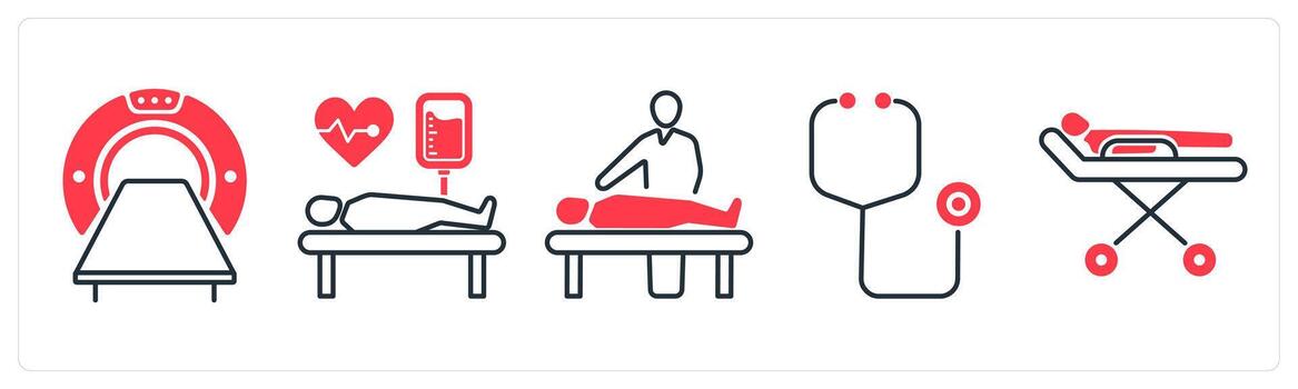 un conjunto de 5 5 mezcla íconos como computadora tomografía, sangre transfusión, paciente visitante en rojo color vector
