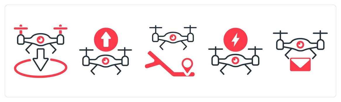 A set of 5 mix icons as landing drone, flying drone, drone location in red color vector