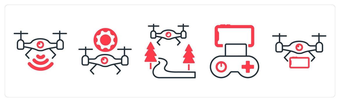 A set of 5 mix icons as drone signal, drone maintenance, flying drone in red color vector