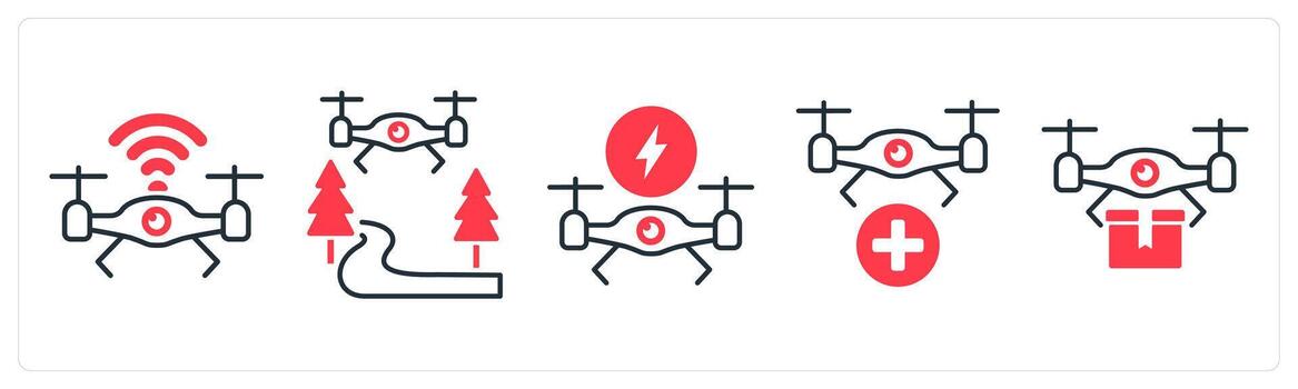 A set of 5 mix icons as drone wifi, flying drone, charging drone in red color vector