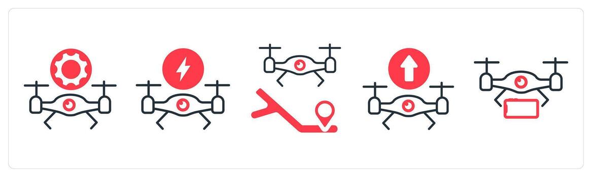 A set of 5 mix icons as drone maintenance, charging drone, drone location in red color vector