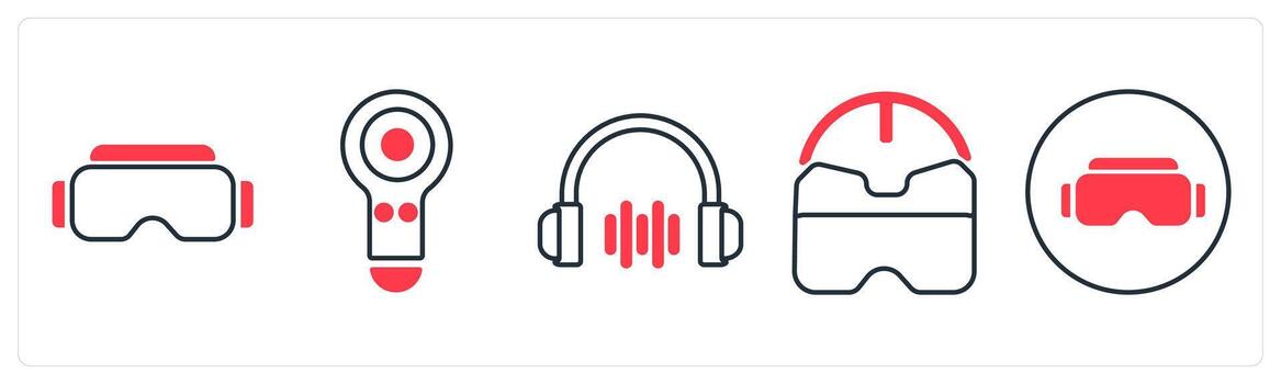 A set of 5 mix icons as vr glasses, controller, audio visual in red color vector