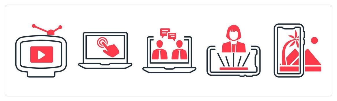 A set of 5 mix icons as vjing, interactive design, telepresence in red color vector
