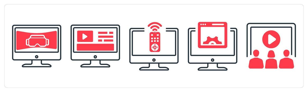 A set of 5 mix icons as vr screen, content, control devices in red color vector