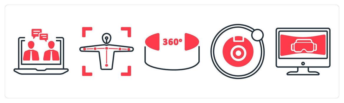 A set of 5 mix icons as telepresence, motion capture, 360 view in red color vector