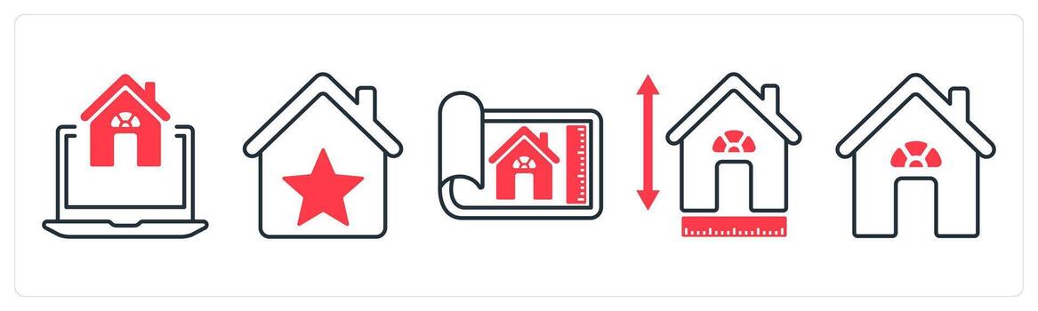 A set of 5 mix icons as online house search, property rating, home dimensions in red color vector