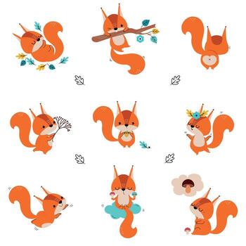Cute Red Squirrel Dancing and Swinging on Tree Branch Set vector