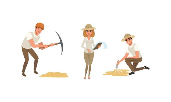 Archaeologist Characters Working on Excavations Set, Scientists Digging, Exploring, and Describing Historical Artifacts Cartoon Illustration vector