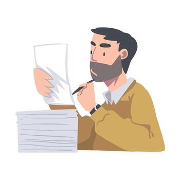 Man Character at Table Working with Pile of Papers Illustration vector